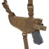 The Condor Universal Shoulder Holster in tan features adjustable straps, secure snap closures, and holds a black pistol securely.