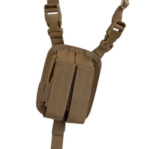 The Condor Universal Shoulder Holster is a brown tactical pouch with adjustable straps, plastic buckles, and two vertical loops on the front.