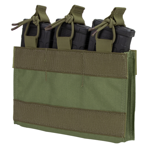 The Condor M4 Mag Insert is a green tactical pouch that securely holds three black rifle magazines with retention straps.