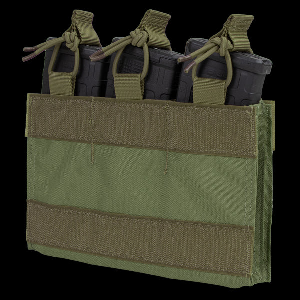 The Condor M4 Mag Insert is a green tactical pouch that securely holds three black rifle magazines with retention straps.