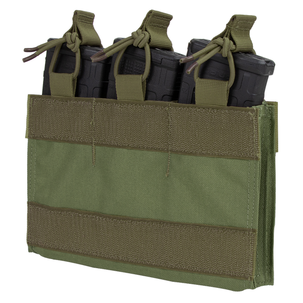 The Condor M4 Mag Insert is a green tactical pouch that securely holds three black rifle magazines with retention straps.