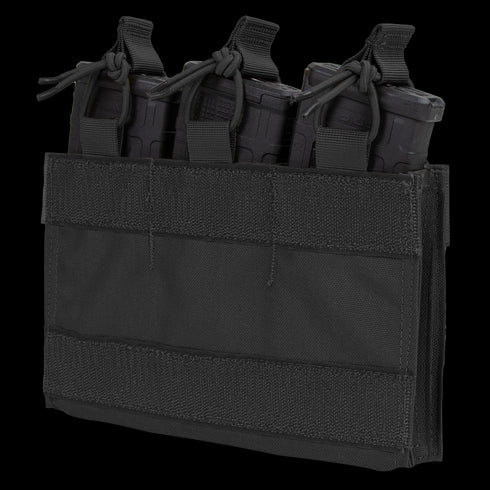 The Condor M4 Mag Insert is a black nylon tactical pouch that holds three rifle magazines, secured by elastic cords with pull tabs.