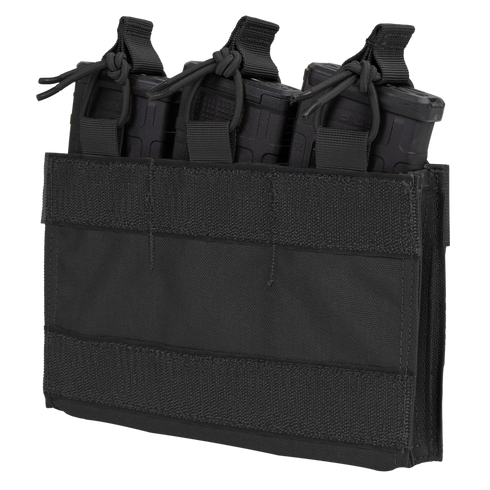 The Condor M4 Mag Insert in black securely holds three rifle magazines with bungee cord retention and is designed for easy attachment to gear or vests.