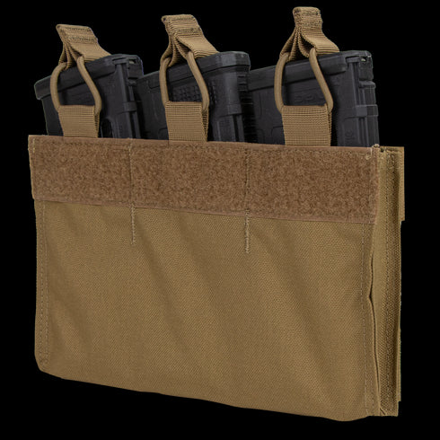 Condor M4 Mag Insert in tan holds three black rifle magazines, each secured by fabric retention straps with pull tabs.