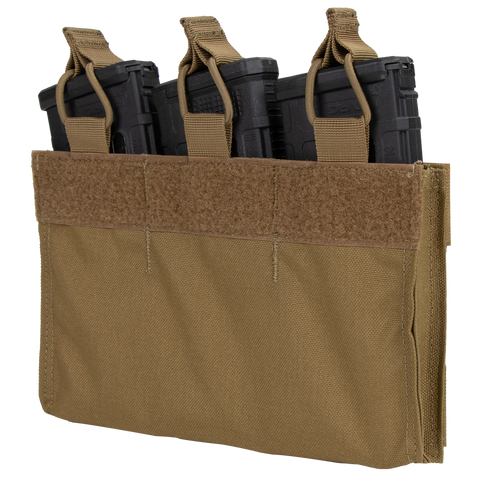 Condor M4 Mag Insert in tan holds three black rifle magazines, each secured by fabric retention straps with pull tabs.