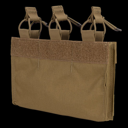 The Condor M4 Mag Insert is a tan tactical pouch with three attachment straps and a front Velcro panel, designed for organizing gear or carrying magazines.