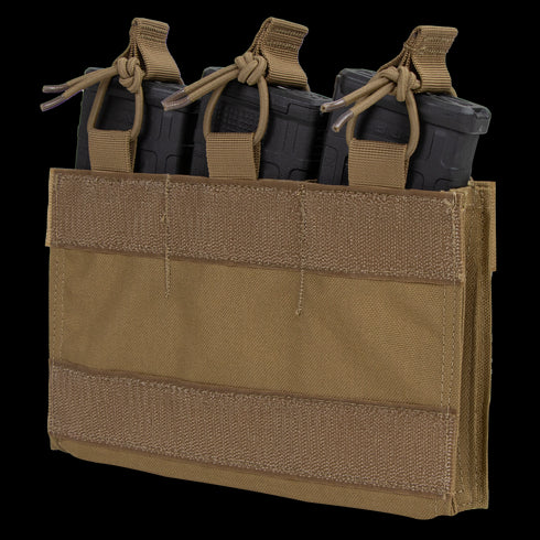 The Condor M4 Mag Insert is a tan tactical pouch that securely holds three black rifle magazines with elastic cords and Velcro straps.