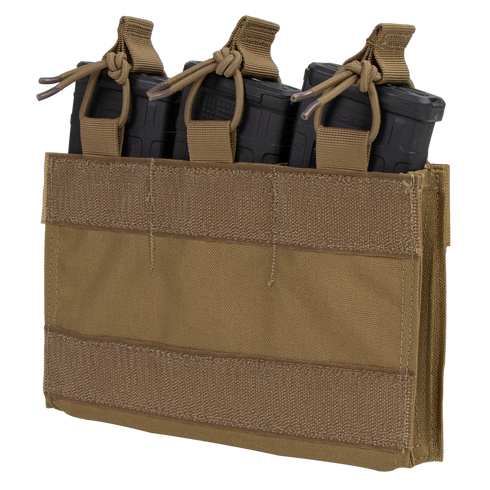 The Condor M4 Mag Insert is a tan tactical pouch that securely holds three black rifle magazines with elastic cords and Velcro straps.