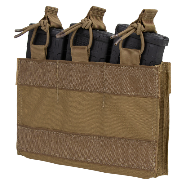 The Condor M4 Mag Insert is a tan tactical pouch that securely holds three black rifle magazines with elastic cords and Velcro straps.