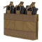 The Condor M4 Mag Insert is a tan tactical pouch that securely holds three black rifle magazines with elastic cords and Velcro straps.