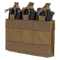 The Condor M4 Mag Insert is a tan tactical pouch that securely holds three black rifle magazines with elastic cords and Velcro straps.
