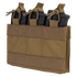 The Condor M4 Mag Insert is a tan tactical pouch that securely holds three black rifle magazines with elastic cords and Velcro straps.