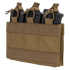 The Condor M4 Mag Insert is a tan tactical pouch that securely holds three black rifle magazines with elastic cords and Velcro straps.