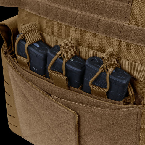 Three black rifle magazines secured in Condor M4 Mag Insert pouches with retention straps on a brown tactical vest.