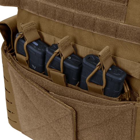 Three black rifle magazines secured in Condor M4 Mag Insert pouches with retention straps on a brown tactical vest.