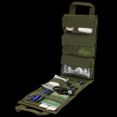 The Condor Pack Insert is a green tactical pouch that unrolls to reveal organized compartments for medical supplies, flashlight, scissors, pens, and small tools—perfect for EDC or law enforcement needing quick access in the field.