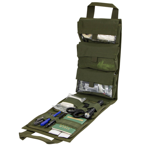The Condor Pack Insert is a green tactical pouch that unrolls to reveal organized compartments for medical supplies, flashlight, scissors, pens, and small tools—perfect for EDC or law enforcement needing quick access in the field.