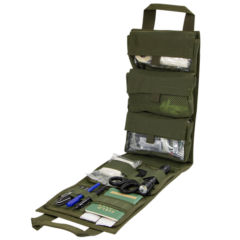 The Condor Pack Insert is a green tactical pouch that unrolls to reveal organized compartments for medical supplies, flashlight, scissors, pens, and small tools—perfect for EDC or law enforcement needing quick access in the field.
