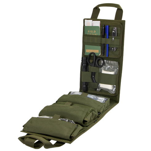 The Condor Pack Insert is an open green tactical organizer with multiple pockets for a notebook, pens, flashlight, scissors, tools, and EDC gear—ideal for first responders or bushcraft enthusiasts.