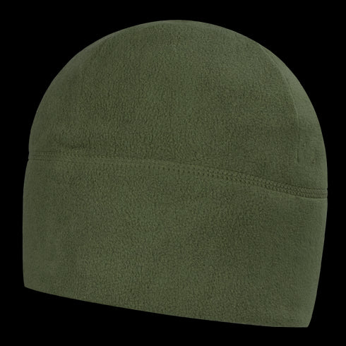 The Condor Watch Cap is an olive green fleece beanie with a simple design, shown from the side—perfect for military use or trips to the shooting range.