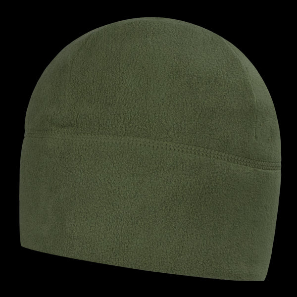 The Condor Watch Cap is an olive green fleece beanie with a simple design, shown from the side—perfect for military use or trips to the shooting range.