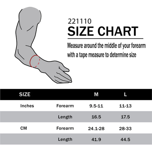 Diagram displaying a Condor Arm Sleeves size chart and forearm measurement guide for M and L sizes, with forearm and length dimensions in inches and centimeters for moisture-wicking comfort.