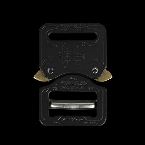 The Austrialpin Cobra Buckle - Pro Style features a black metal build with gold release levers and engraved fastening instructions, making it perfect for EDC or military use.