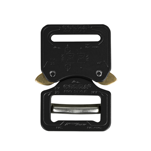 The Austrialpin Cobra Buckle - Pro Style features a black metal build with gold release levers and engraved fastening instructions, making it perfect for EDC or military use.