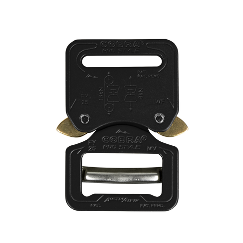 The Austrialpin Cobra Buckle - Pro Style features a black metal build with gold release levers and engraved fastening instructions, making it perfect for EDC or military use.