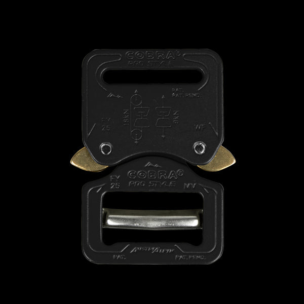 The Austrialpin Cobra Buckle - Pro Style features a black metal build with gold release levers and engraved fastening instructions, making it perfect for EDC or military use.