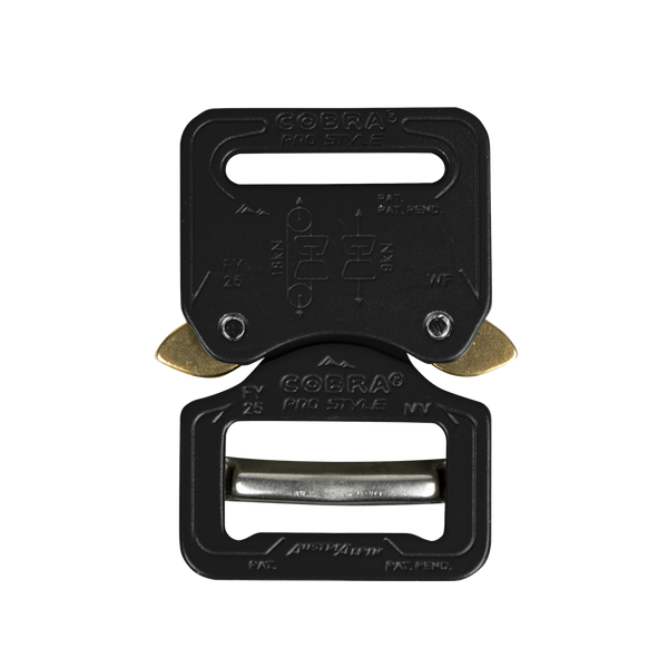 The Austrialpin Cobra Buckle - Pro Style features a black metal build with gold release levers and engraved fastening instructions, making it perfect for EDC or military use.