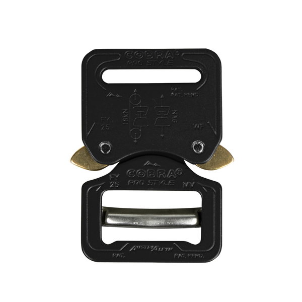 The Austrialpin Cobra Buckle - Pro Style features a black metal build with gold release levers and engraved fastening instructions, making it perfect for EDC or military use.
