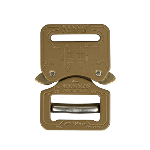 The Austrialpin Cobra Buckle – Pro Style features a tan metal finish with engraved text, directional arrows, and locking clasps, making it ideal for EDC or bushcraft. Shown here on a white background.