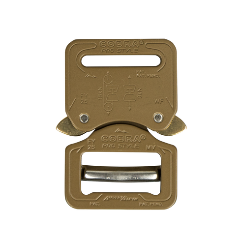 The Austrialpin Cobra Buckle – Pro Style features a tan metal finish with engraved text, directional arrows, and locking clasps, making it ideal for EDC or bushcraft. Shown here on a white background.