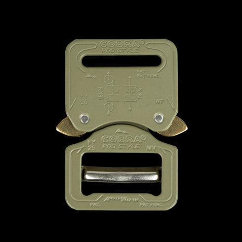 The Austrialpin Cobra Buckle - Pro Style is a metal buckle with engraved text and diagrams, a rectangular frame, and dual side release levers—perfect for military and EDC use.