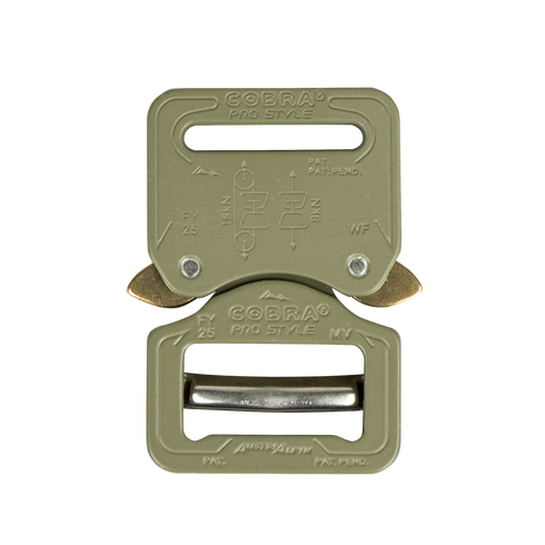 The Austrialpin Cobra Buckle - Pro Style is a metal buckle with engraved text and diagrams, a rectangular frame, and dual side release levers—perfect for military and EDC use.