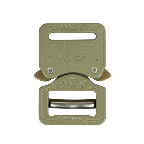 The Austrialpin Cobra Buckle - Pro Style is a metal buckle with engraved text and diagrams, a rectangular frame, and dual side release levers—perfect for military and EDC use.