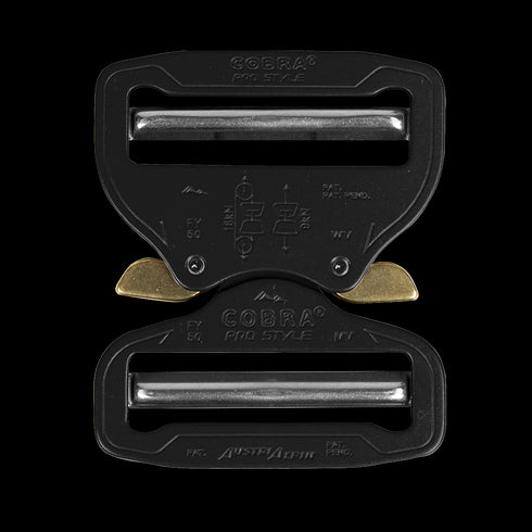The Austrialpin Cobra Buckle - Pro Style features a black metal body with silver bars, brass release clips, and engraved branding, making it perfect for law enforcement or bushcraft applications.