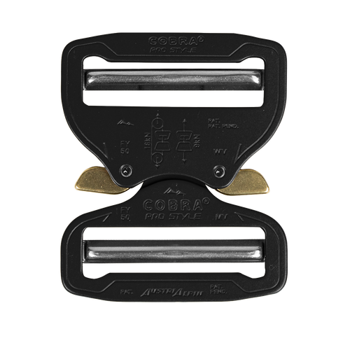 The Austrialpin Cobra Buckle - Pro Style features a black metal body with silver bars, brass release clips, and engraved branding, making it perfect for law enforcement or bushcraft applications.
