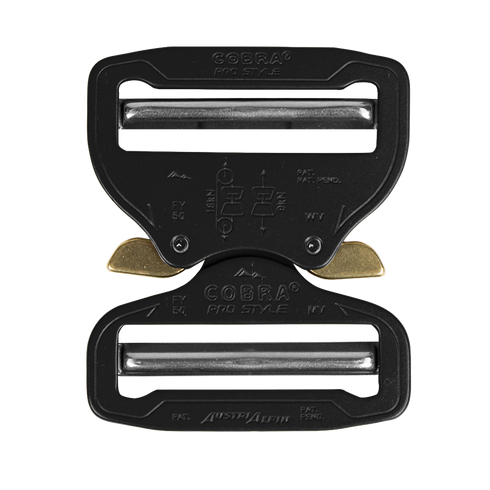 The Austrialpin Cobra Buckle - Pro Style features a black metal body with silver bars, brass release clips, and engraved branding, making it perfect for law enforcement or bushcraft applications.