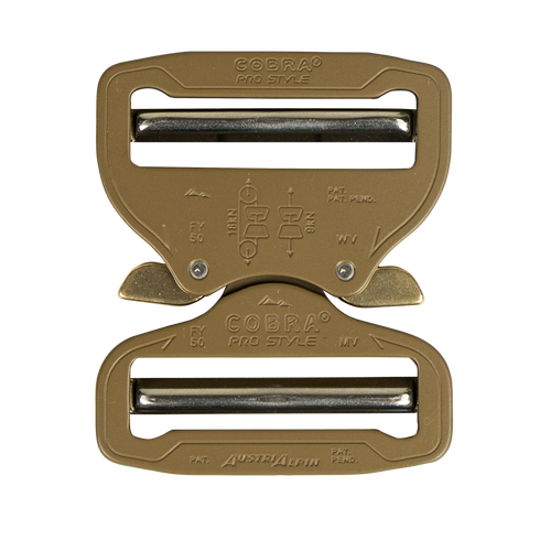 The Austrialpin Cobra Buckle - Pro Style in tan features quick-release metal locking bars, engraved instructions, and branded surface—ideal for Law Enforcement, Military use, or the shooting range.