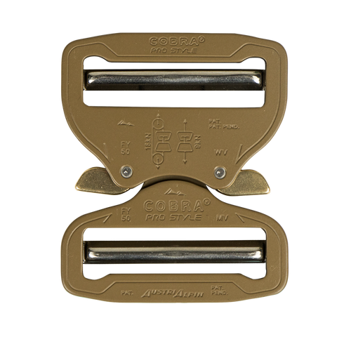 The Austrialpin Cobra Buckle - Pro Style in tan features quick-release metal locking bars, engraved instructions, and branded surface—ideal for Law Enforcement, Military use, or the shooting range.