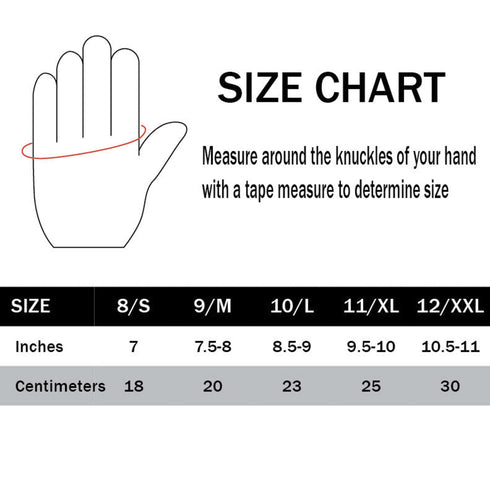 Condor Stryker Padded Knuckle Glove size chart with illustration shows how to measure around knuckles; lists sizes S–XXL (7–11 inches / 18–30 cm).
