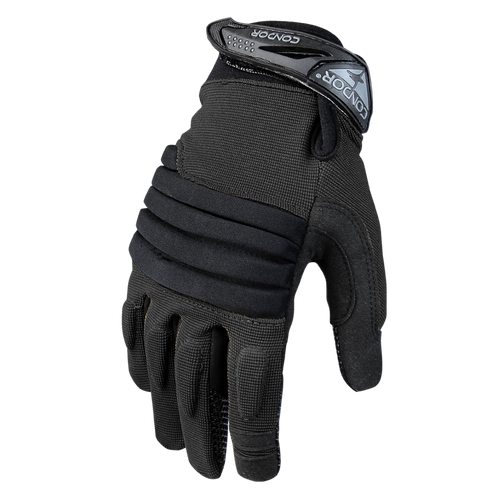 The Condor Stryker Padded Knuckle Glove is a black tactical glove with padded knuckles, textured grip, and Velcro wrist strap—ideal for law enforcement and first responders.
