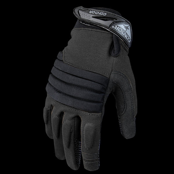 The Condor Stryker Padded Knuckle Glove is a black tactical glove with padded knuckles, textured grip, and Velcro wrist strap—ideal for law enforcement and first responders.