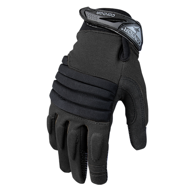 The Condor Stryker Padded Knuckle Glove is a black tactical glove with padded knuckles, textured grip, and Velcro wrist strap—ideal for law enforcement and first responders.