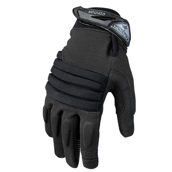 The Condor Stryker Padded Knuckle Glove is a black tactical glove with padded knuckles, textured grip, and Velcro wrist strap—ideal for law enforcement and first responders.