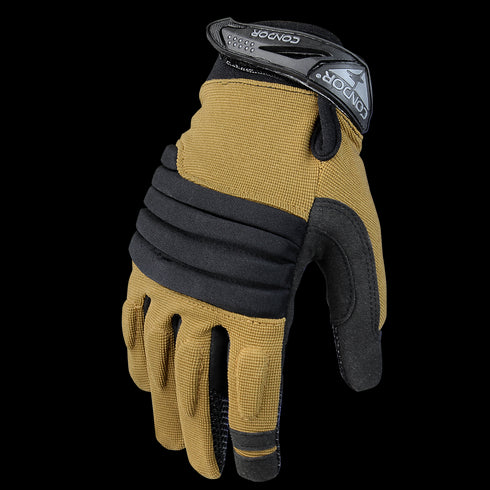 The Condor Stryker Padded Knuckle Glove in tan and black features reinforced knuckles and an adjustable wrist strap, designed for law enforcement or EDC use at the shooting range.