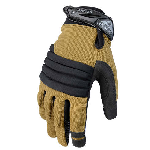 The Condor Stryker Padded Knuckle Glove in tan and black features reinforced knuckles and an adjustable wrist strap, designed for law enforcement or EDC use at the shooting range.