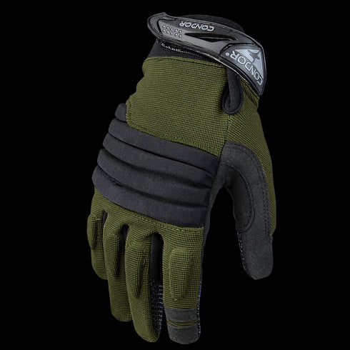 The Condor Stryker Padded Knuckle Glove in olive green features black padded knuckles and an adjustable wrist strap—perfect for military or law enforcement professionals needing durable protection.
